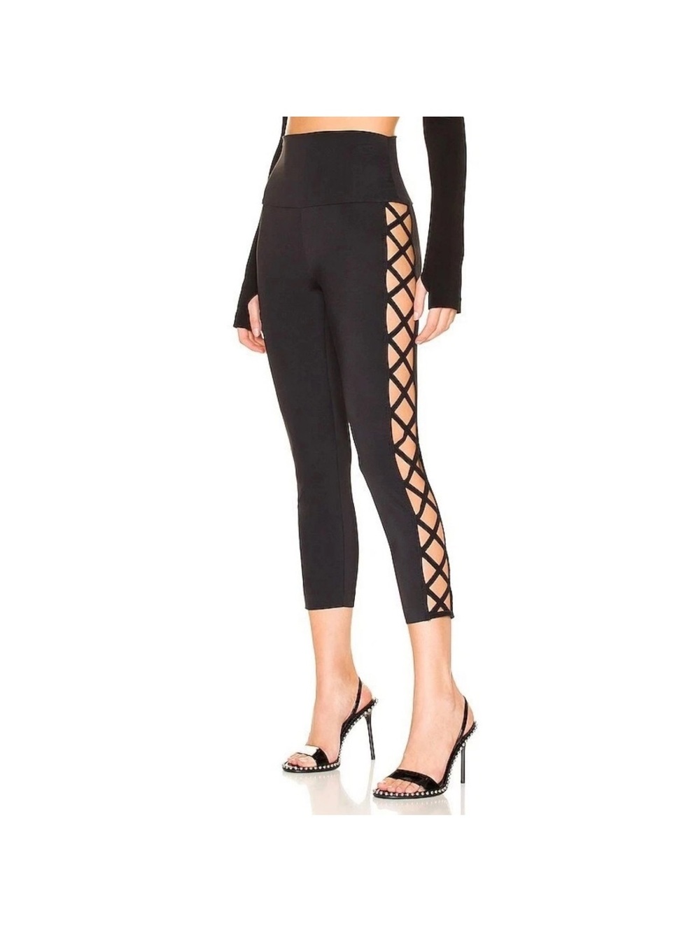 Norma Kamali Black Lattice Side Capri Leggings
